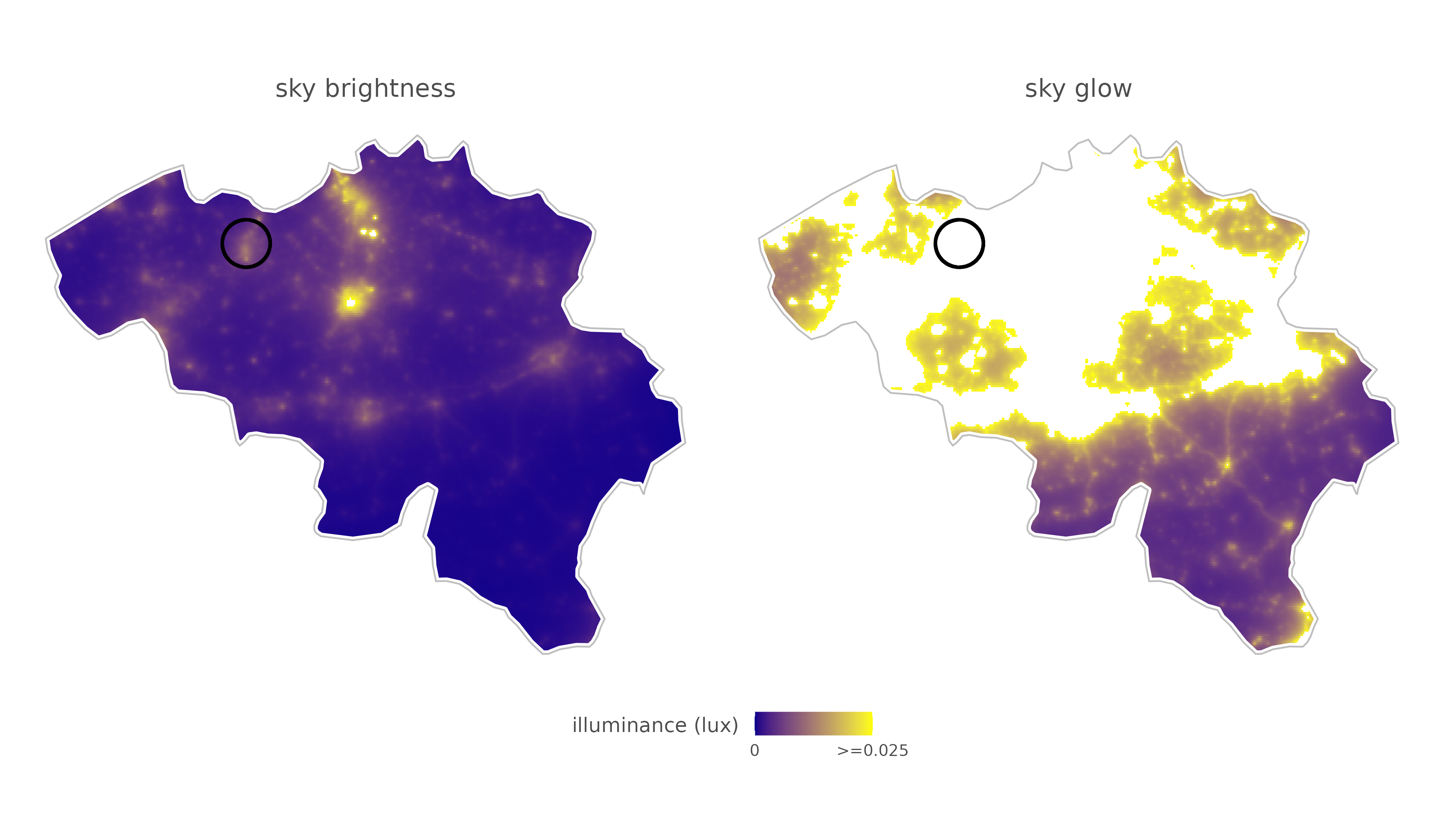 Figure S3. Sky brightness and sky glow values (10x sky brightness) under cloud cover for Belgium (in lux). The Ghent harbor colony and general surroundings is marked with an open round circle. Sky glow values in white exceed the threshold triggering an increased light driven flight response.