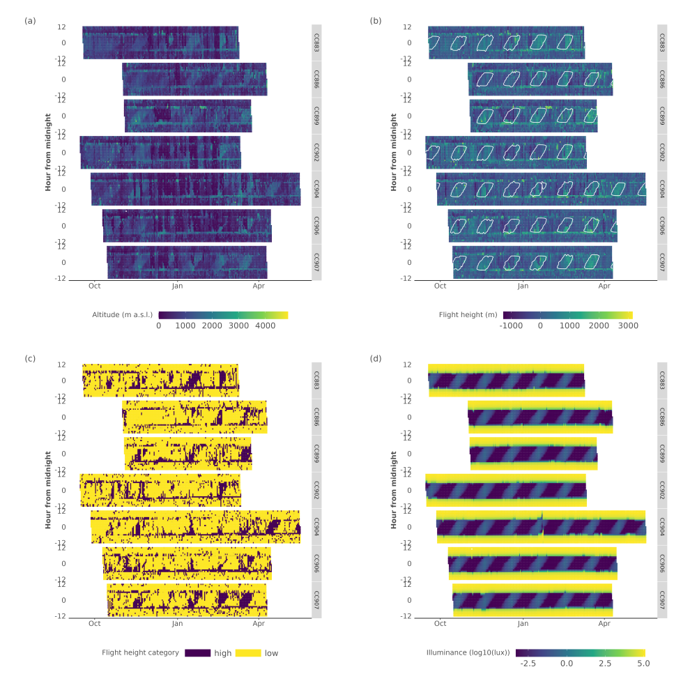 Figure S2. Overview plots (actograms) of Apus pallidus Multi Data Logger (MDL) data for flight altitudes (a), normalised flight heights (b) and the derived binary flight height classes (c). In addition, we provide the (log10) total illuminance for a given day (d). Data is shown for all MDL tags, with time centred on local midnight. Moon illuminance values outlining all values larger than 0.01 are contoured in panel (b).